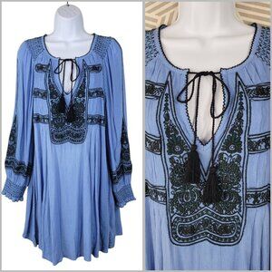FREE PEOPLE Mini Tunic Dress Size XS Boho Cottagecore Peasant Ditzy Fairy Blue